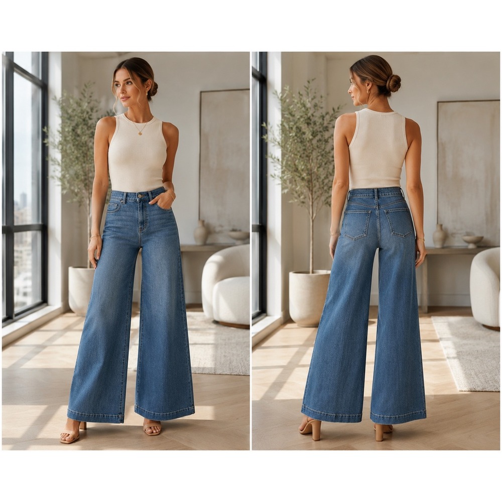 Spanx Chic Vintage Indigo Blue High Rise Seamed Front Wide Leg Jean Petite Small